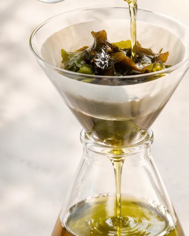 Seaweed pieces in a lined filter funnel with green-gold extract draining into a glass flask below